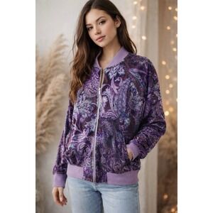 Farmers Market One World Collab Jacket Purple Paisley Boho Zipper Pockets NWT